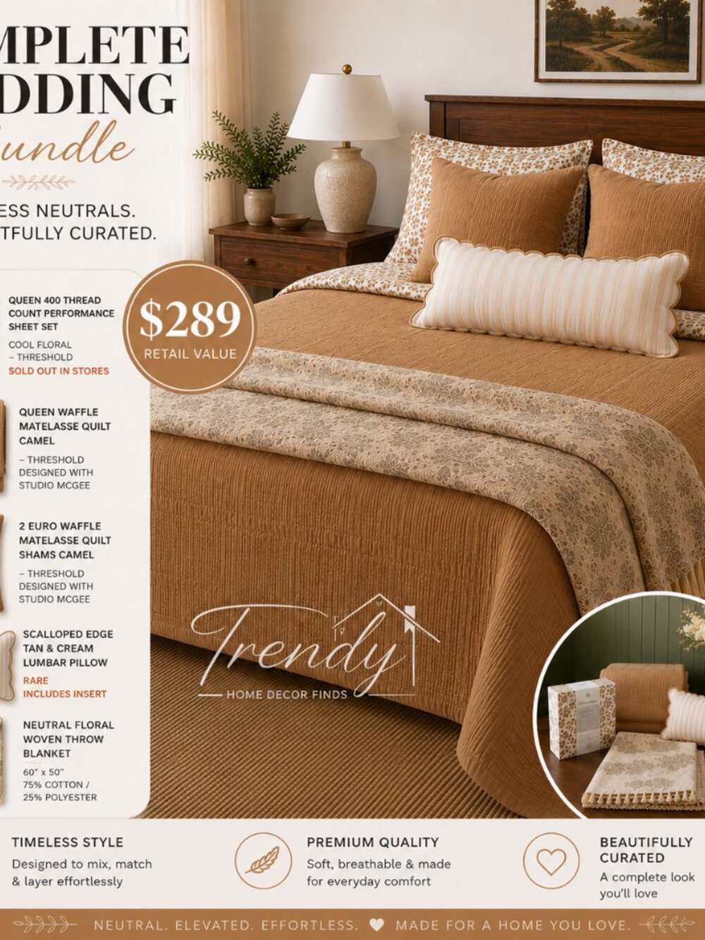 RARE Queen Studio McGee Camel Waffle Quilt Bedding Bundle Floral Sheets NEW